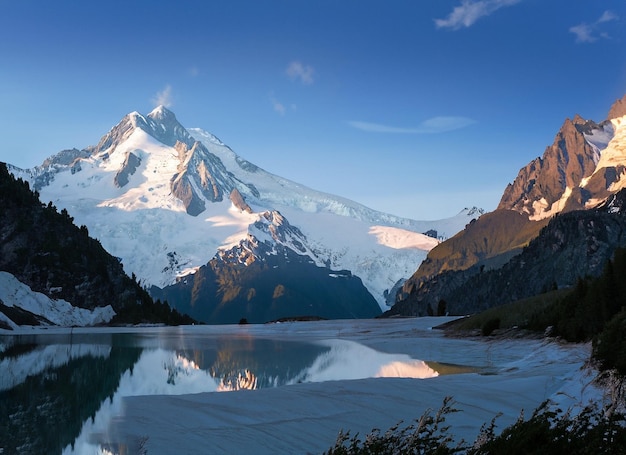 Mount mont blanc covered in the snow With ALake evening in Chamonix