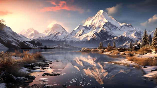 Mount month blanc covered in the snow reflecting on the water