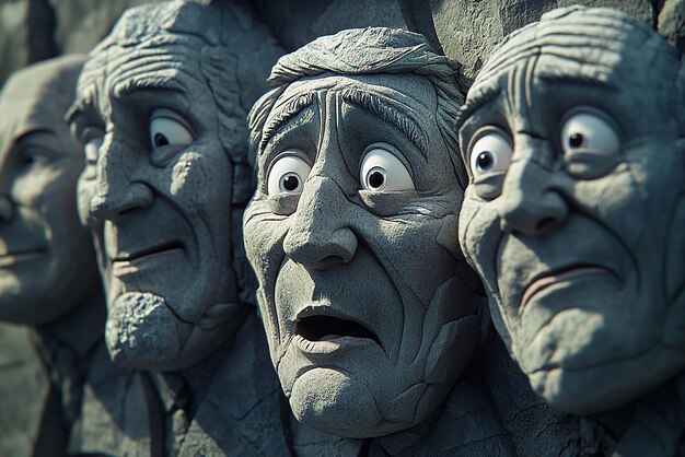 Photo mount rushmore with animated expressions on the faces