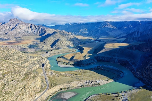 mountain altai river top view drone, landscape altai tourism top view