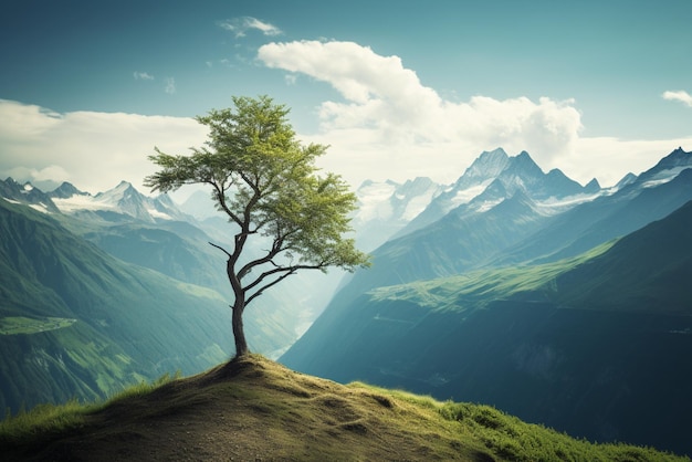 Photo a mountain background with a lone tree standing