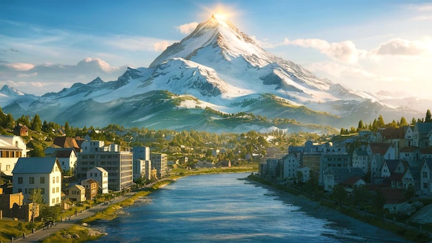 Mountain and a beautiful city with a sun in the background