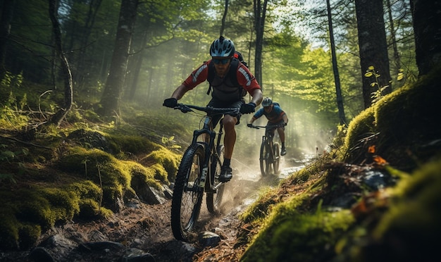 Mountain Bike cyclist riding mountain bike with friends along a trail in a misty forest