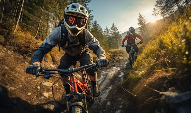 Mountain Bike cyclist riding mountain bike with friends along a trail in a misty forest