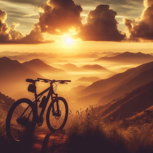 a mountain bike is silhouetted against the sun and clouds