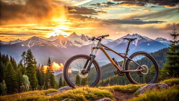 a mountain bike is sitting on a hill with mountains in the background