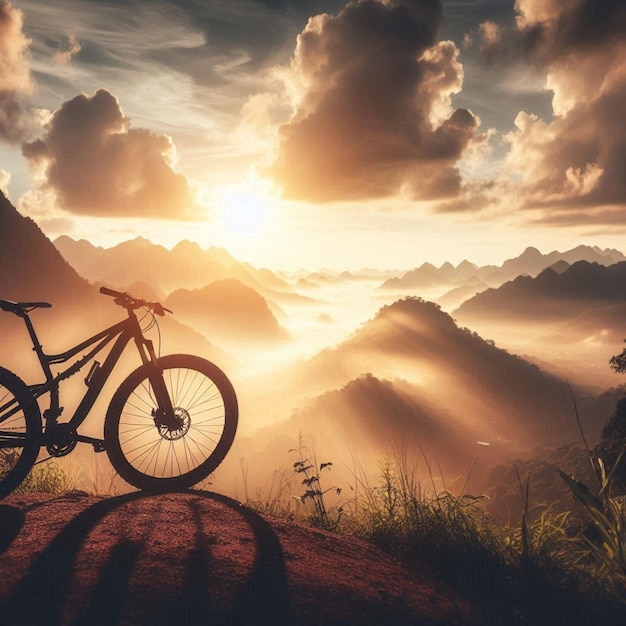 Photo a mountain bike is sitting on a hill with the sun behind it