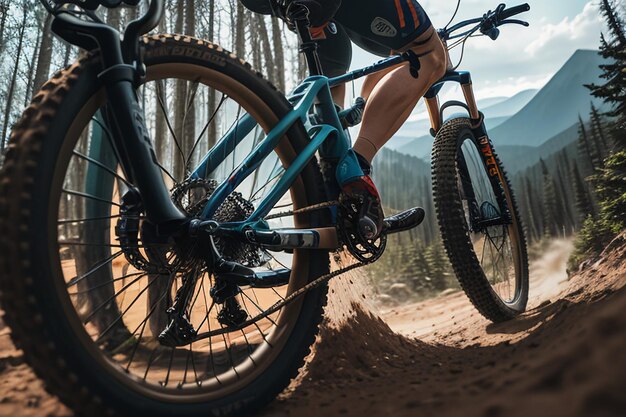 A mountain bike rider on a dirt road with mountains in the background