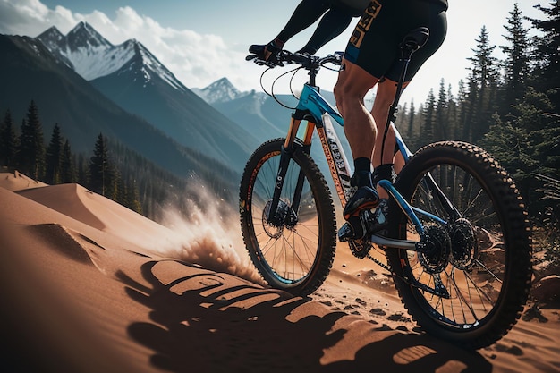 A mountain bike rider on a mountain trail with mountains in the background