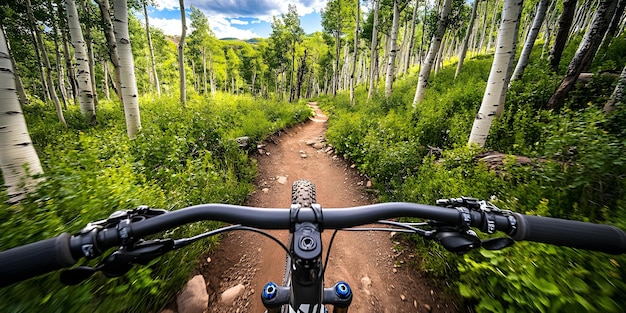 Photo mountain bike on rugged trail surrounded by trees