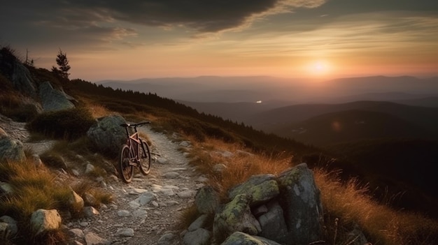 Mountain bike on a trail in the Carpathian mountains at sunsetgenerative ai