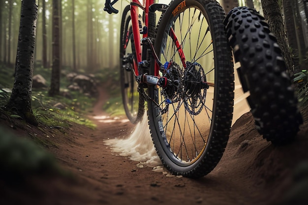 A mountain bike on a trail with a person on the back