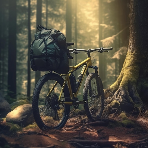 Mountain Bike with Backpack Standing Near Tree in Jungle Generative AI