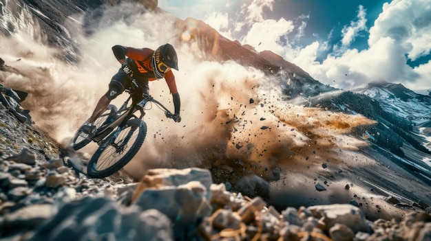 Photo mountain biker creates a dust cloud on a steep descent