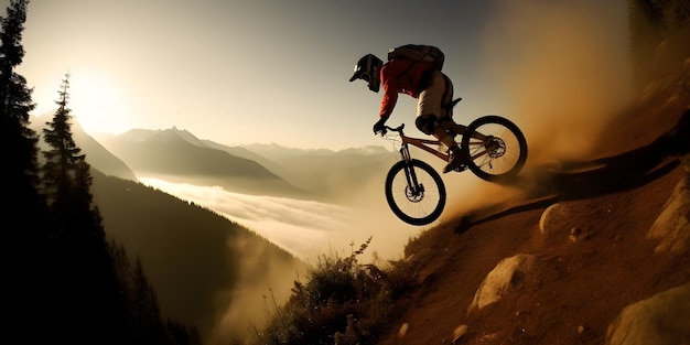 A mountain biker is in the air and is about to land on a hill.