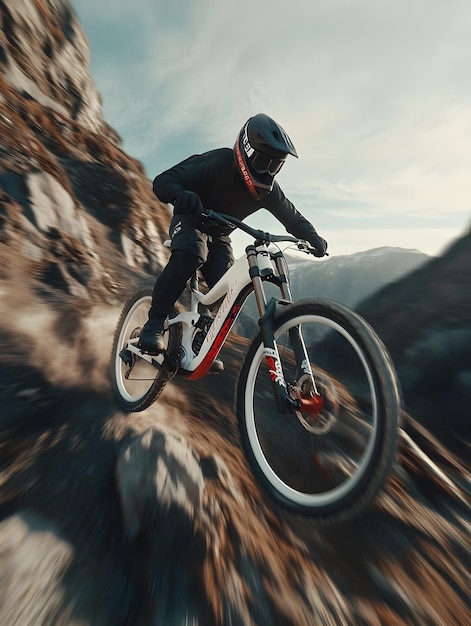 Mountain Biker Jumping Over Rocky Terrain on Outdoor Trail at High Speed