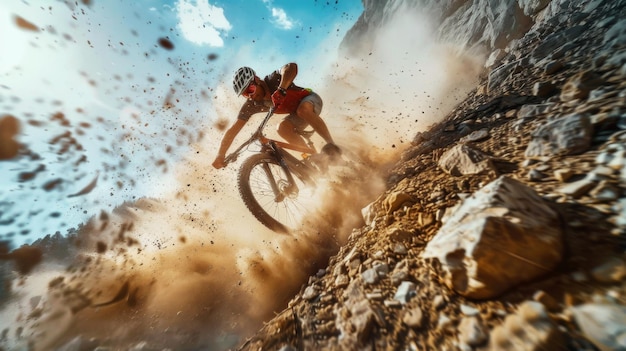 Photo mountain biker in motion kicking up dust on a dirt trail