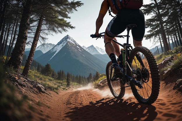 A mountain biker rides a dirt road with mountains in the background.