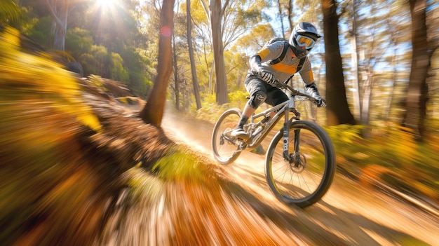 Mountain biker riding quickly on a forest trail during a sunny day surrounded by trees and blurred motion showing speed and movement