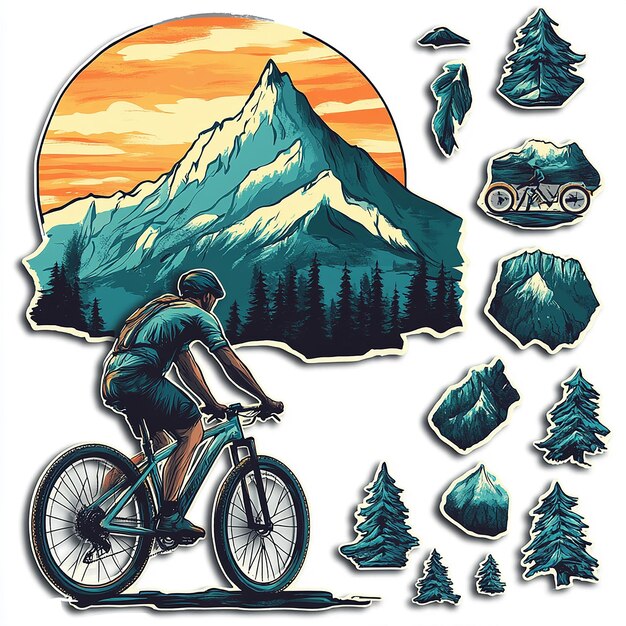 Photo mountain biker riding towards a mountain peak with a sunset in the background the image is surrounded by stickers of mountains trees and a bicycle