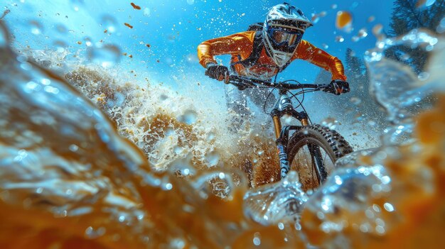 Photo mountain biker splashes through muddy water during an adrenaline filled ride in nature