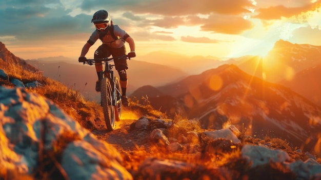 A mountain biker with full gear riding down a rocky trail during a beautiful sunset in a mountainous landscape