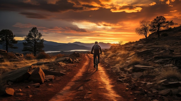 Mountain biking in sunset view back