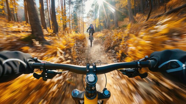 Photo mountain biking through immersive photos where the rush of wind in your hair accompanies your descent down challenging trails showcasing your skill and agility