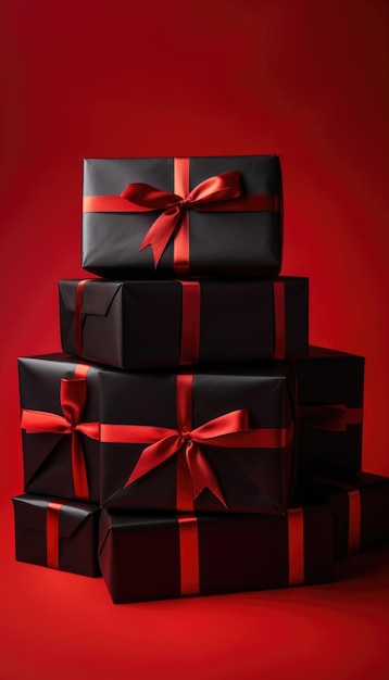 Mountain of Black Gift Boxes with Red Ribbon Black Friday