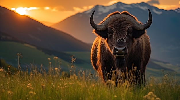 Mountain Buffalo Surveys the Landscape Standing in Tall Green Grass Amidst Mountains and a Sunset