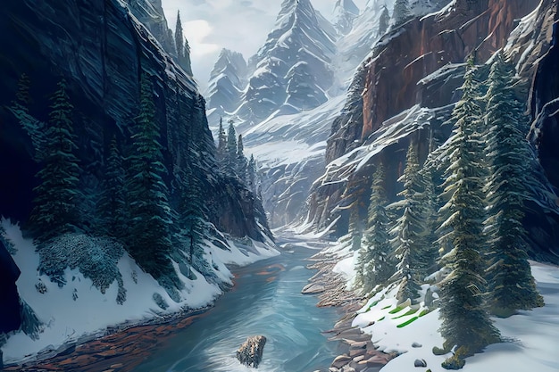 Mountain canyon with river in winter illustration Generative AI