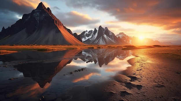 Mountain cape during sunset with reflections