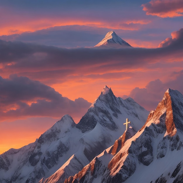 Mountain a Christian cross against a majestic sunset sky generated by AI