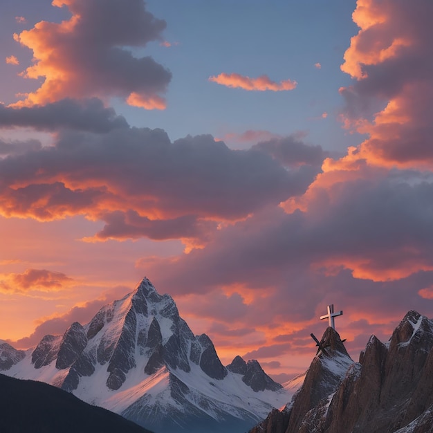 Mountain a Christian cross against a majestic sunset sky generated by AI