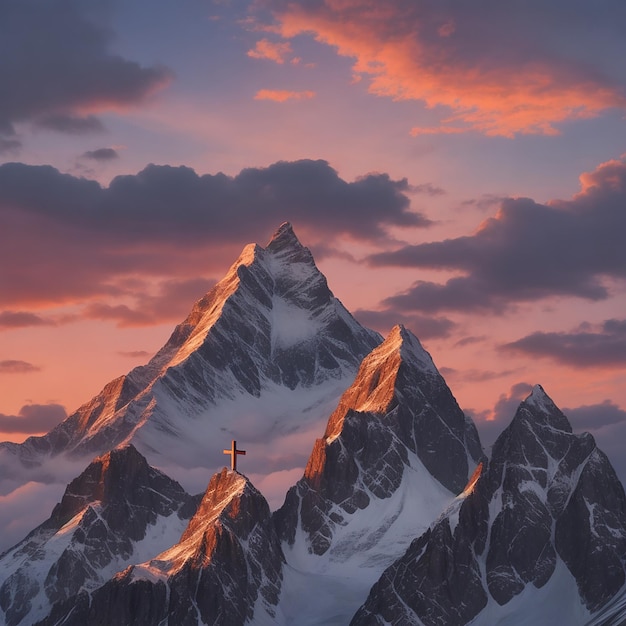 Mountain a Christian cross against a majestic sunset sky generated by AI