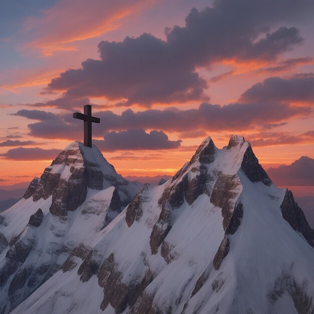 Mountain a Christian cross against a majestic sunset sky generated by AI