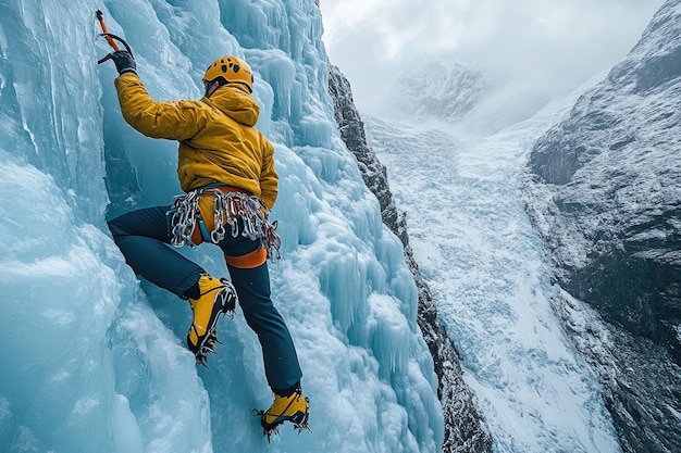 Photo mountain climber ascending frozen waterfall using ice axes