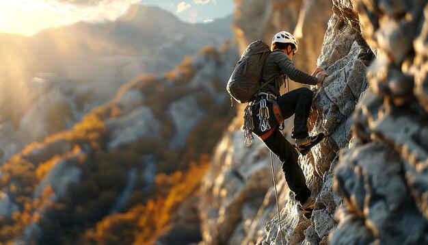 Mountain Climber Scaling a Rock Face with Breathtaking Views