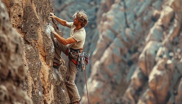 Mountain Climber Scaling a Rock Face with Breathtaking Views