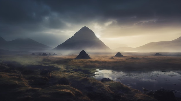 A mountain in the clouds with a dark sky in the background