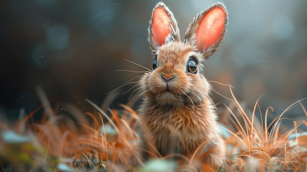 A Mountain Cottontail rabbit gazes at the camera from the grass