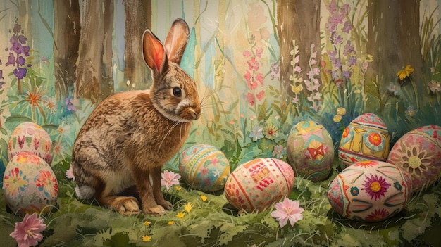 Mountain cottontail sitting in grass with easter eggs aige