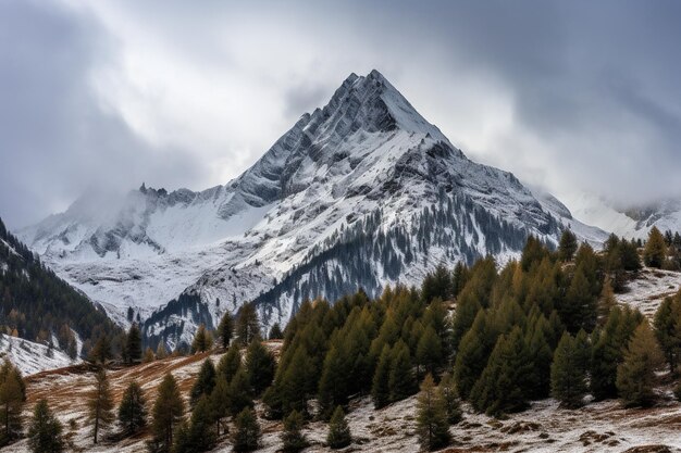 Mountain covered in pine trees and snow under a cloudy sky