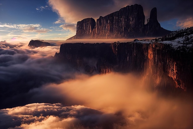 Mountain in the distance with clouds in the foreground generative ai