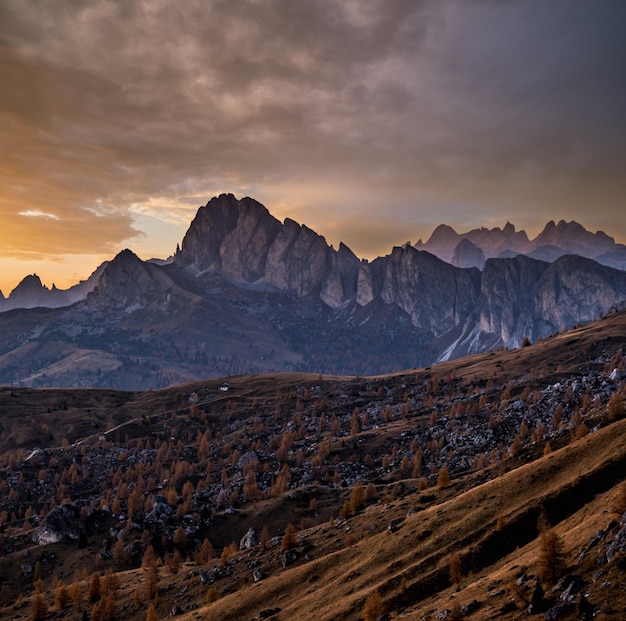 Mountain evening dusk peaceful hazy view from Giau Pass