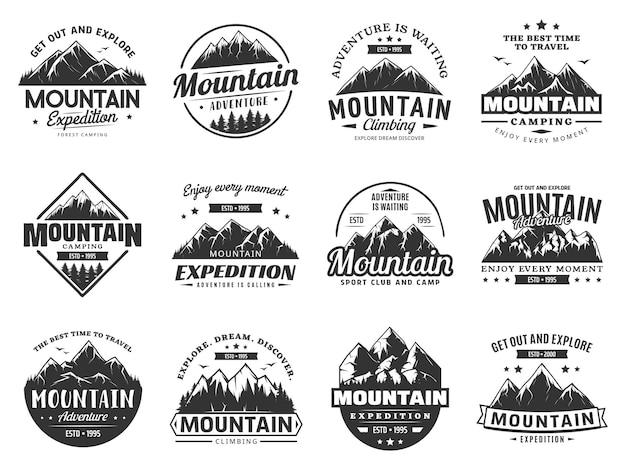 Mountain expedition and rock climbing vector icons