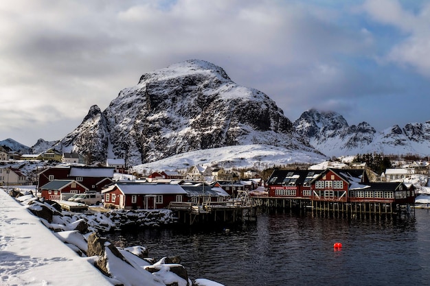 The mountain and fishing huts in the village of A Lofoten Islands March 2018