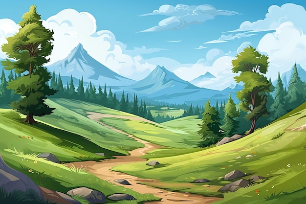 Mountain Forest Anime Cartoon Scenery Background