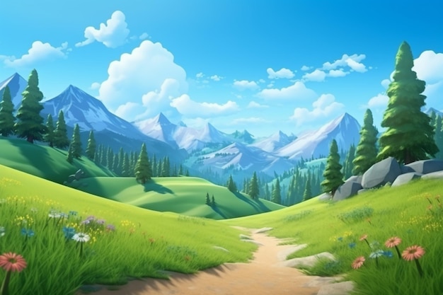 Mountain Forest Anime Cartoon Scenery Background