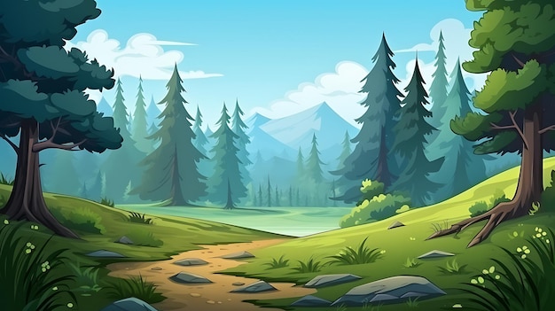 Mountain forest jungle trees cartoon background with a large open field